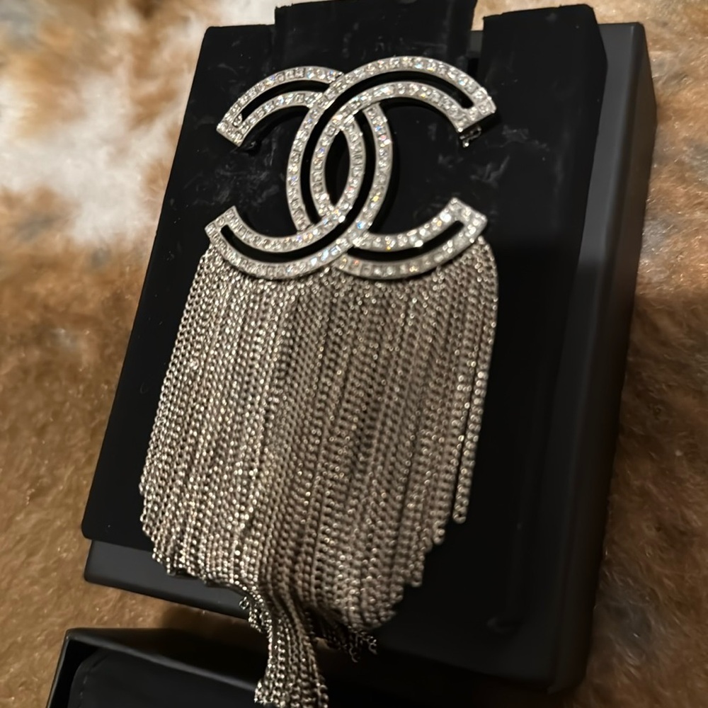 CHANEL Silver Crystal Fringe Pin